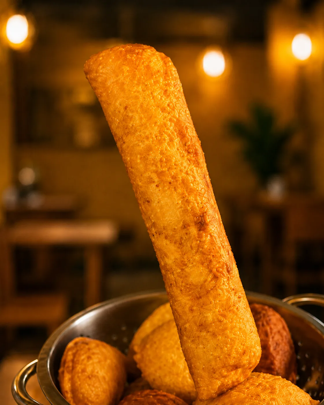 Mega empanada recién frita, tamaño real, alzada sobre una canasta de empanadas