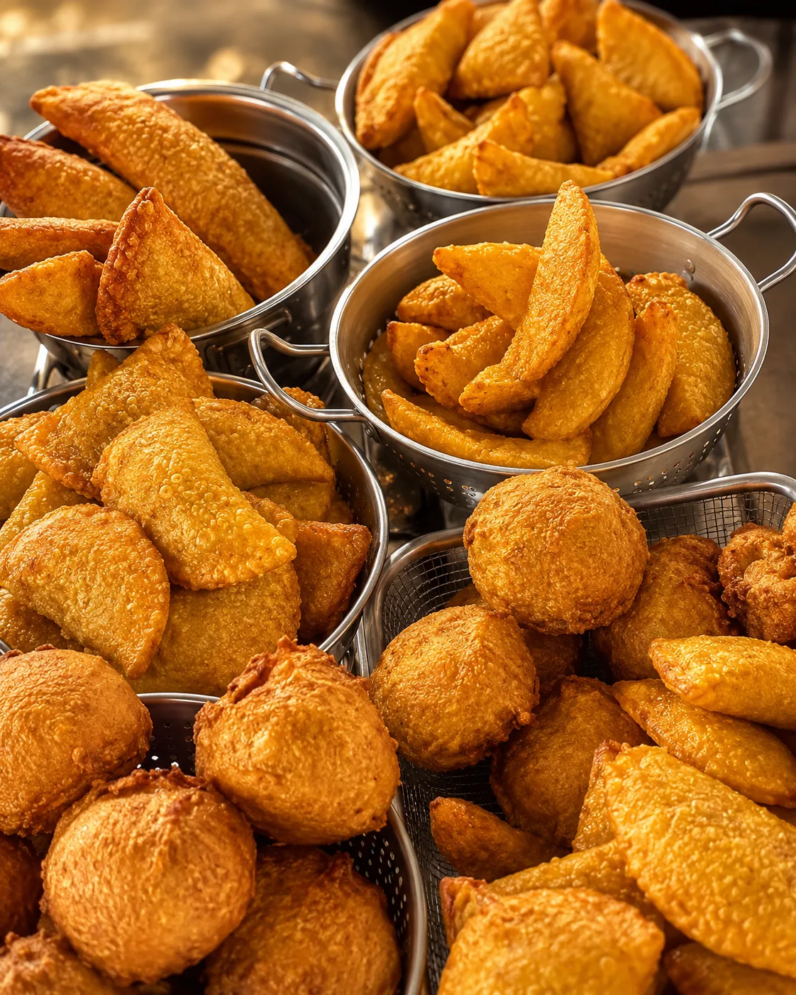 Variedad de empanadas y productos recién fritos